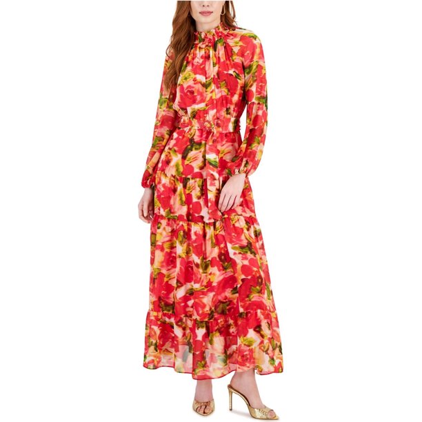 Taylor Womens Chiffon Flower Print Maxi Dress, pink, 4 AV/MD/RG