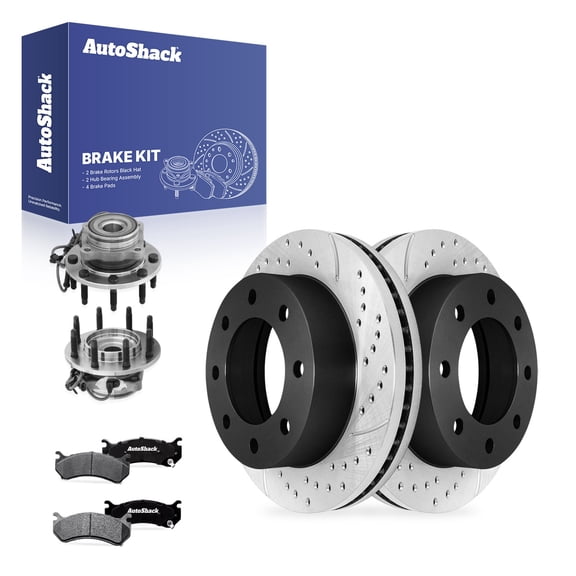 AutoShack Front Brake Rotors, Ceramic Pads & Hub Bearing Assemblies for GMC, Sierra 1500 2001-2006 - E-Coated Drilled & Slotted - ShadowGuard - 12.8" (325 mm), 8-Lug