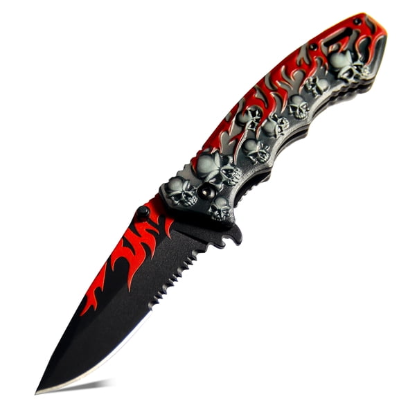 Folding Pocket Knife with 3D Skull & Flame Handle, Serrated Stainless Steel Blade for EDC, Camping & Daily Use