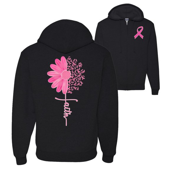 Wild Bobby, Faith Pink Ribbon Sunflower, Breast Cancer Awareness, Front and Back Graphic Zip Up Hoodie Sweatshirt, Black, Small