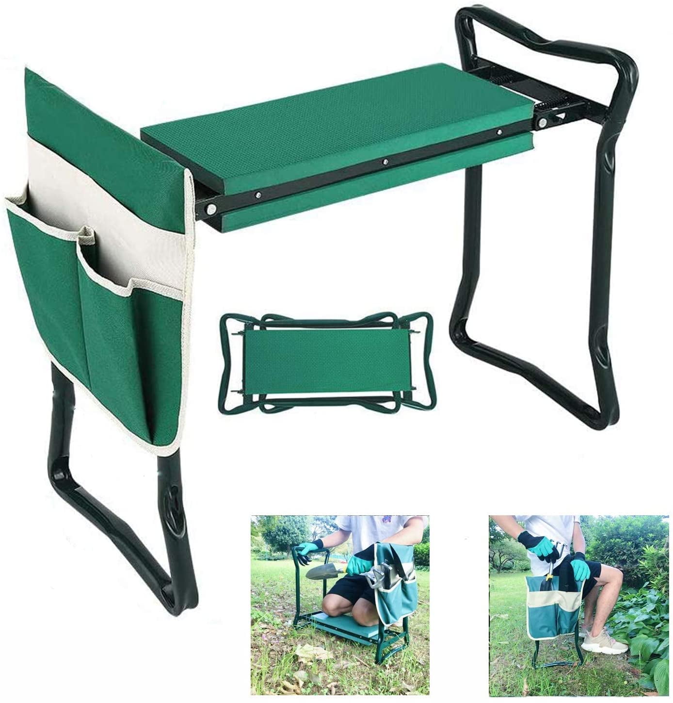 Outdoor Bench with Storage and Thick EVA Foam Padded Stool Heavy Duty Garden Folding Chair with Tool Pouch Light-Weighted Sturdy Steel Pipe Structure Garden Kneeler and Seat with 2 Large Tool Bag