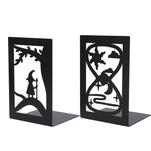 2 sujetalibros de metal para escritorio, estantería para guardar libros, documentos, separadores y suministros para manualidades (reloj de arena Forest Elf)
