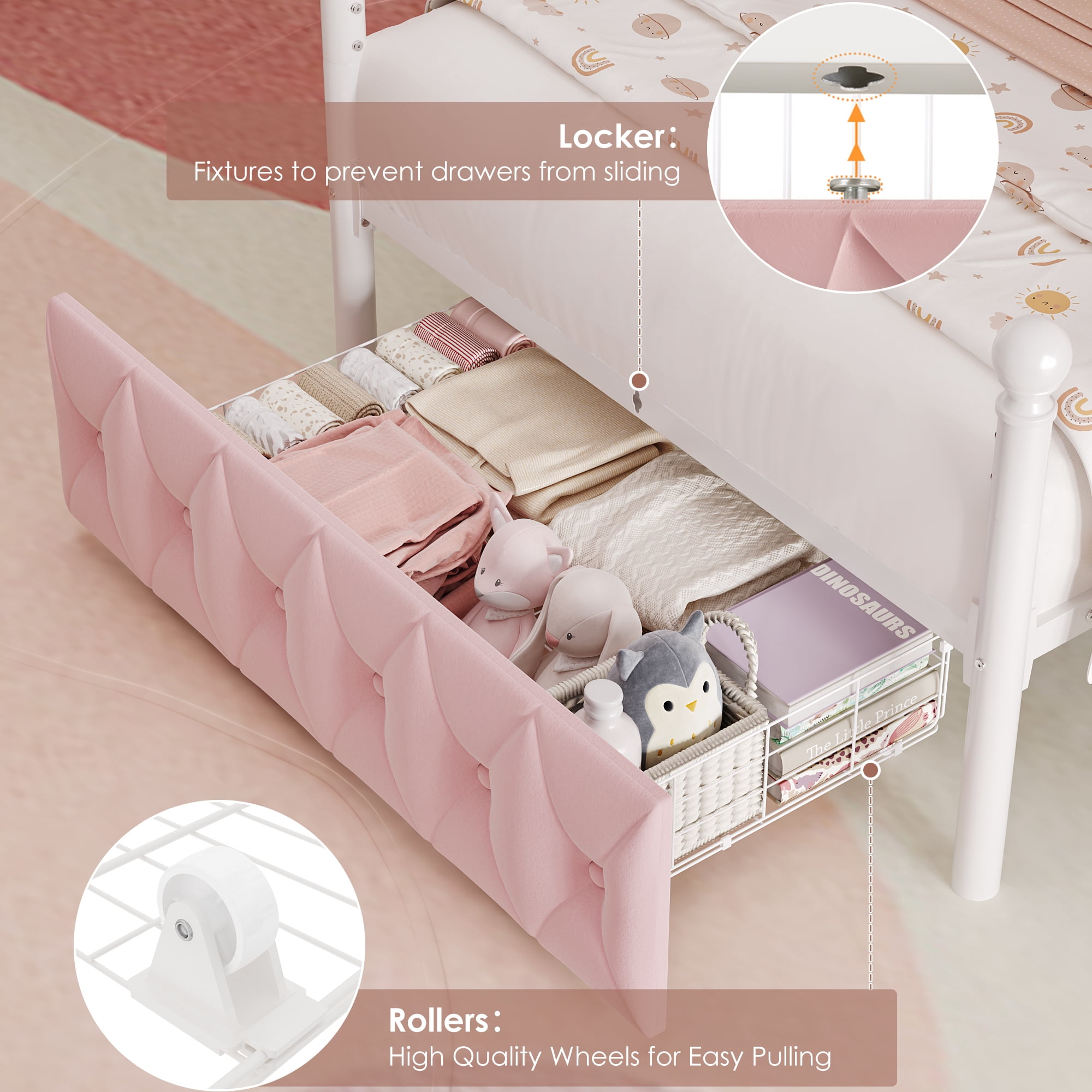 Hiphuta Twin Size Upholstered Canopy Bed with Charging Station & Storage Drawer, LED Beds with 4 Removable Posts, Twin Bed Frame, Pink