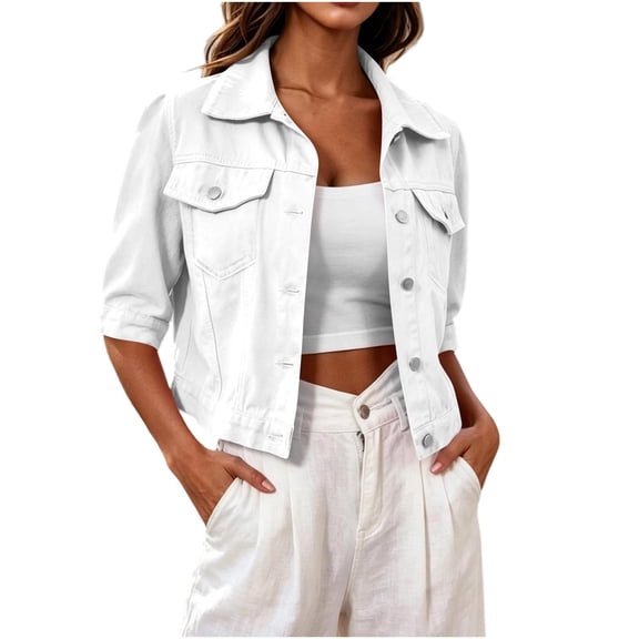 Lindreshi Women's Cropped Denim Jackets Lapel 3/4 Sleeve Button Front Pocket Coats Casual Solid Fall Winter Outerwear Jean Jacket