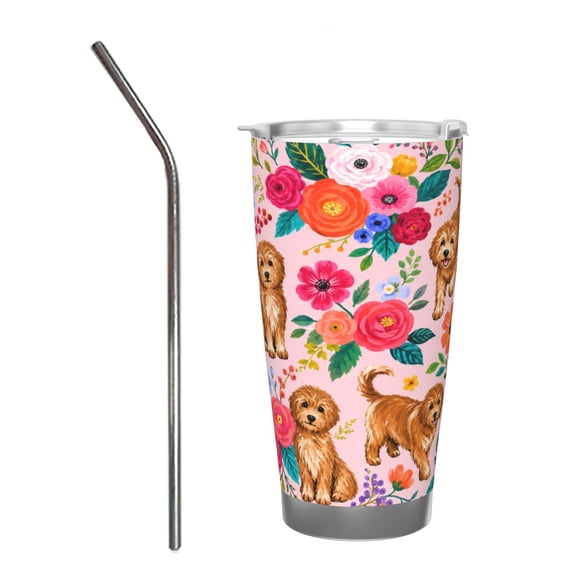 20oz Floral Doodle Dog Insulated Tumbler with Handle and Straw Cute Puppy Travel Cup Gift for Dog Lovers with Stainless Steel Straw