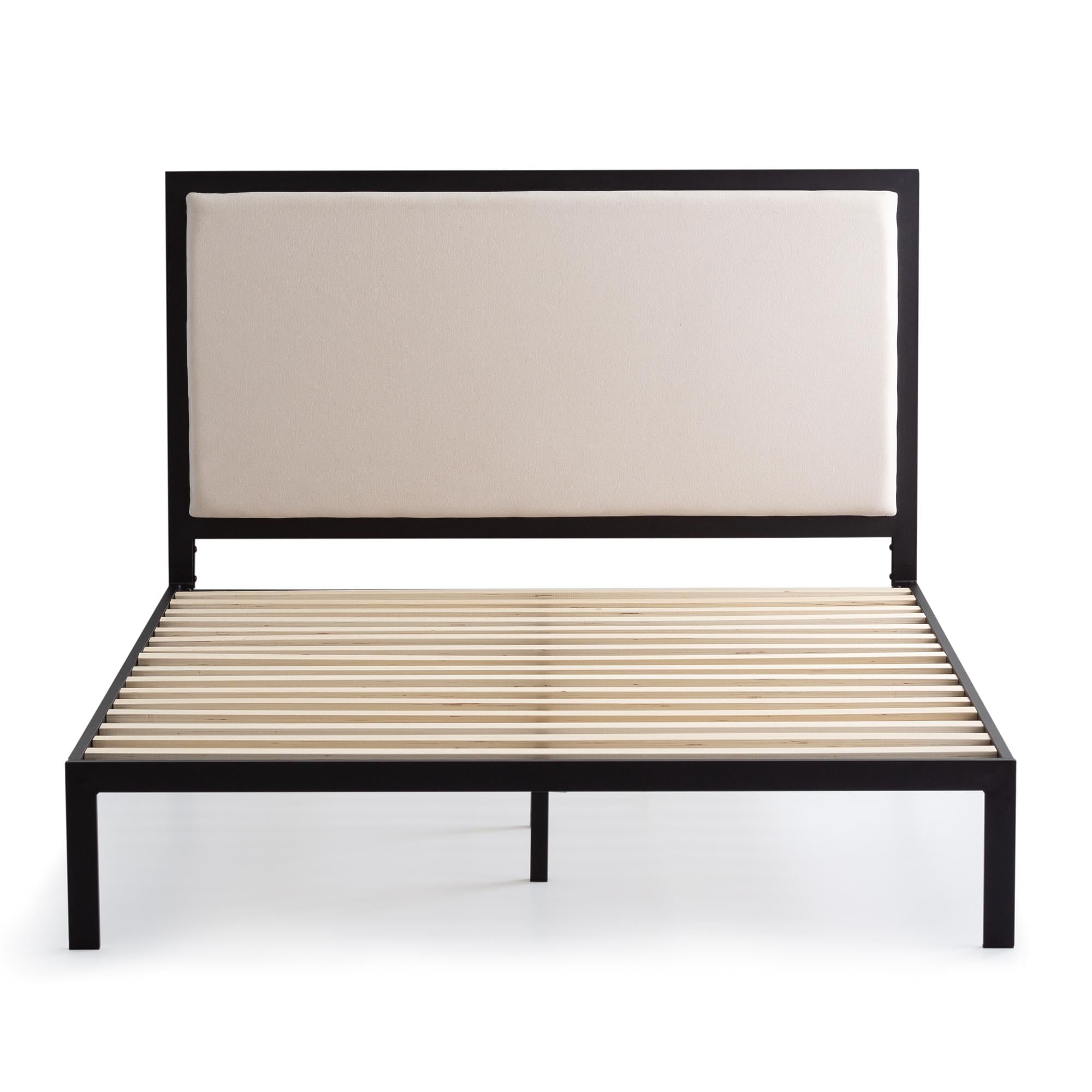 Rest Haven Metal Platform Bed Frame with Upholstered Headboard, Queen, Oat