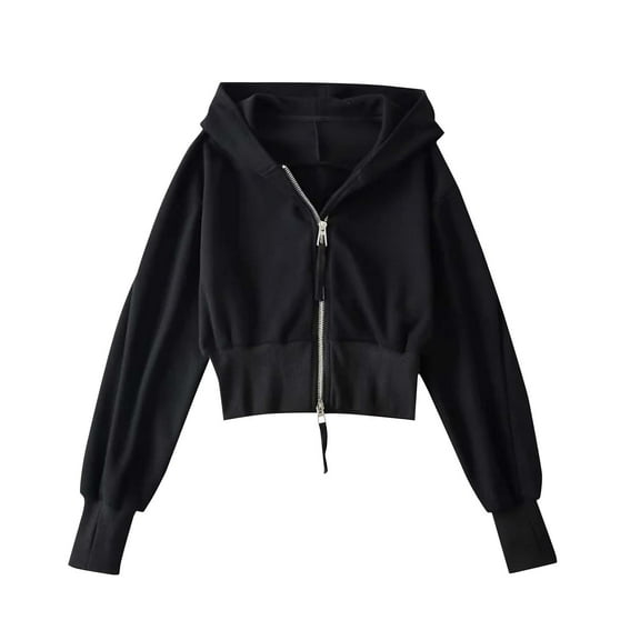 Trushirts 100% Cotton Women's Cropped Full Zip Hoodie - Casual Athleisure, Hooded, Ribbed Cuffs, Size M, Black