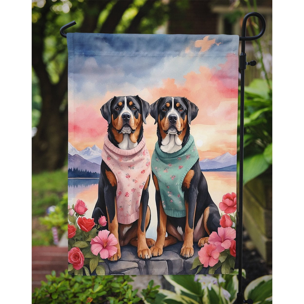 Greater Swiss Mountain Dog Two Hearts Garden Flag 11.25 in x 15.5 in