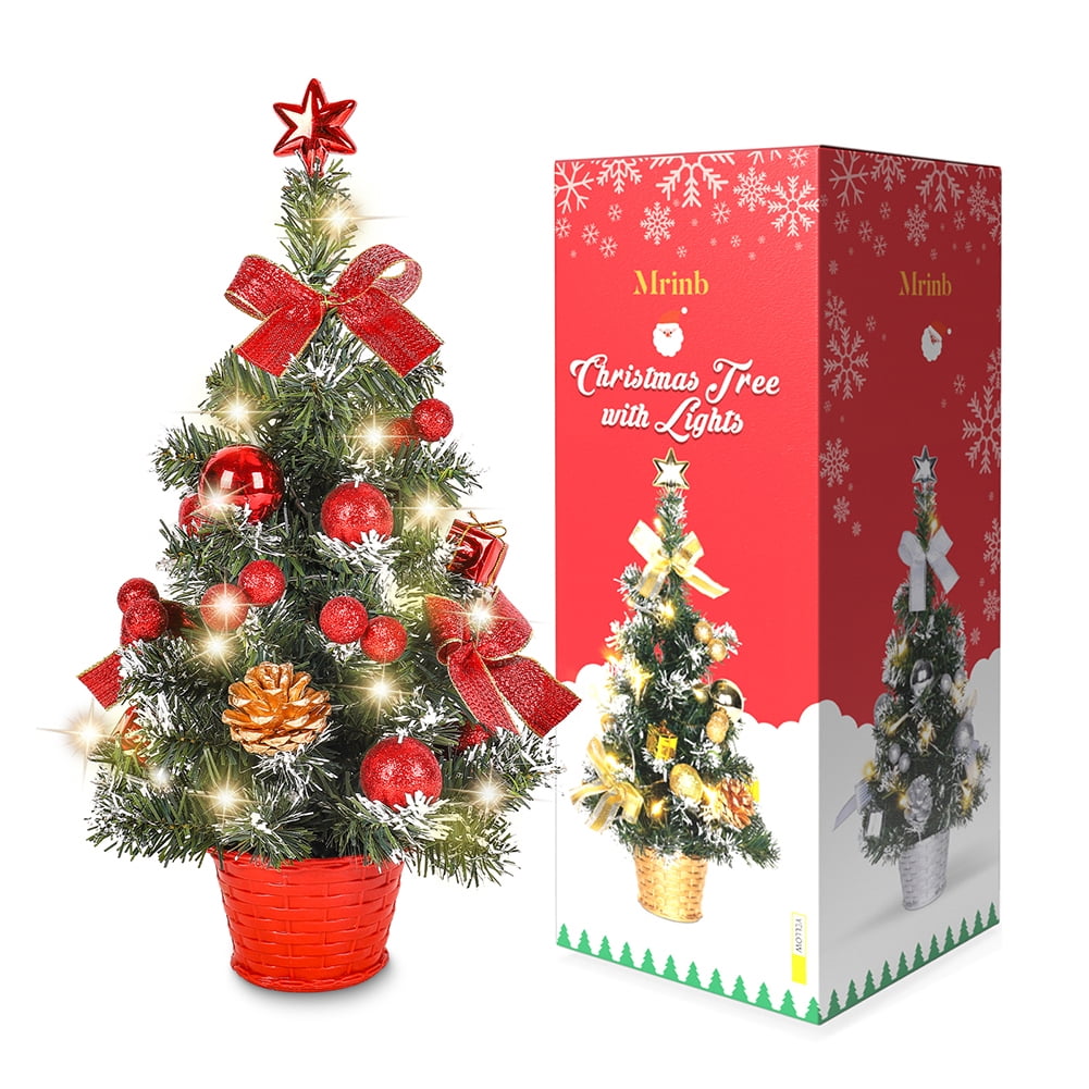 Mini Christmas Tree 18 Artificial Small Christmas Tree with LED String Lights Tabletop Christmas Tree with Pine Cones Christmas Balls Ornaments for