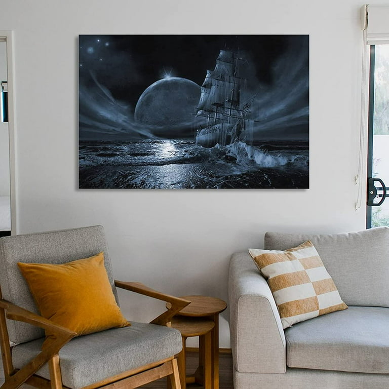 Posters & Prints Surrealist Wall Art Moon Picture Black and White Pirate  Ship Poster Ship Painting Decoration Canvas Prints for Living Room Bedroom  Office Kitchen Decor 16x24inch(40x60cm) Frame-Style 