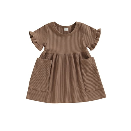 

Toddler Girl Knitted Sweater Dress Solid Ruffle Short Sleeve Crewneck Ribbed Knit Dresses with Pockets Summer Outfit