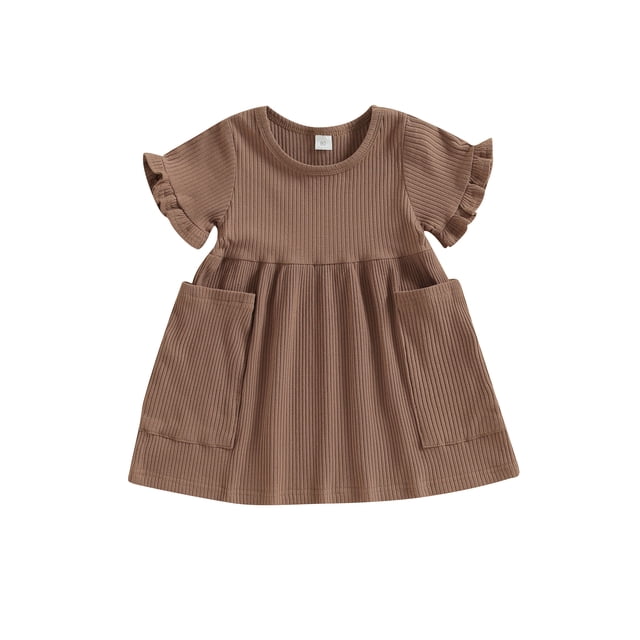 Faithtur Robes pour Filles, Manches Courtes Col Rond Couleur Unie Poches Robe Princesse Taille Haute pour Fête