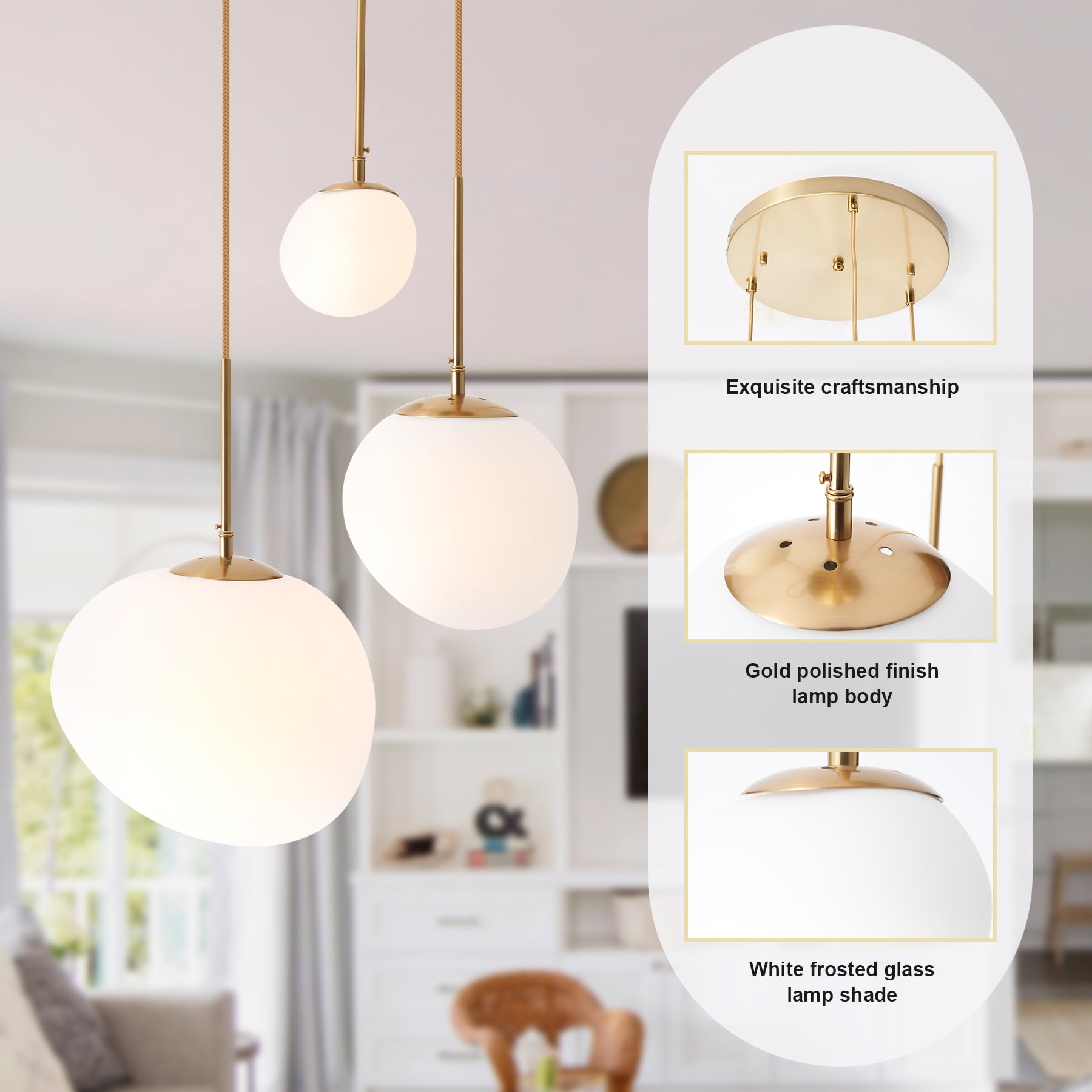 3 Lights Hanging Pendent Ceiling Chandelier, Frosted White lampshade - Ceiling Light - Pendant Light for Kitchen Island, Dining Room, Living Room, Entry Hallway