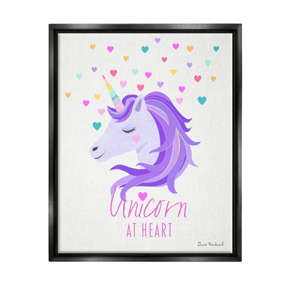 Stupell Industries Unicorn At Heart Phrase Pastel Purple Hearts Pattern Graphic Art Jet Black Floating Framed Canvas Print Wall Art, Design by Diane Neukirch