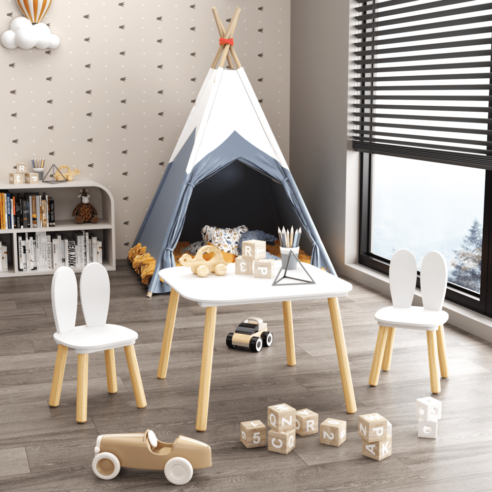 Kids Table and 2 Chairs Set, 3 Pieces Rabbit Themed Toddler Table and Chair Set, Children Wooden Activity Play Table Set Solid Wood Legs