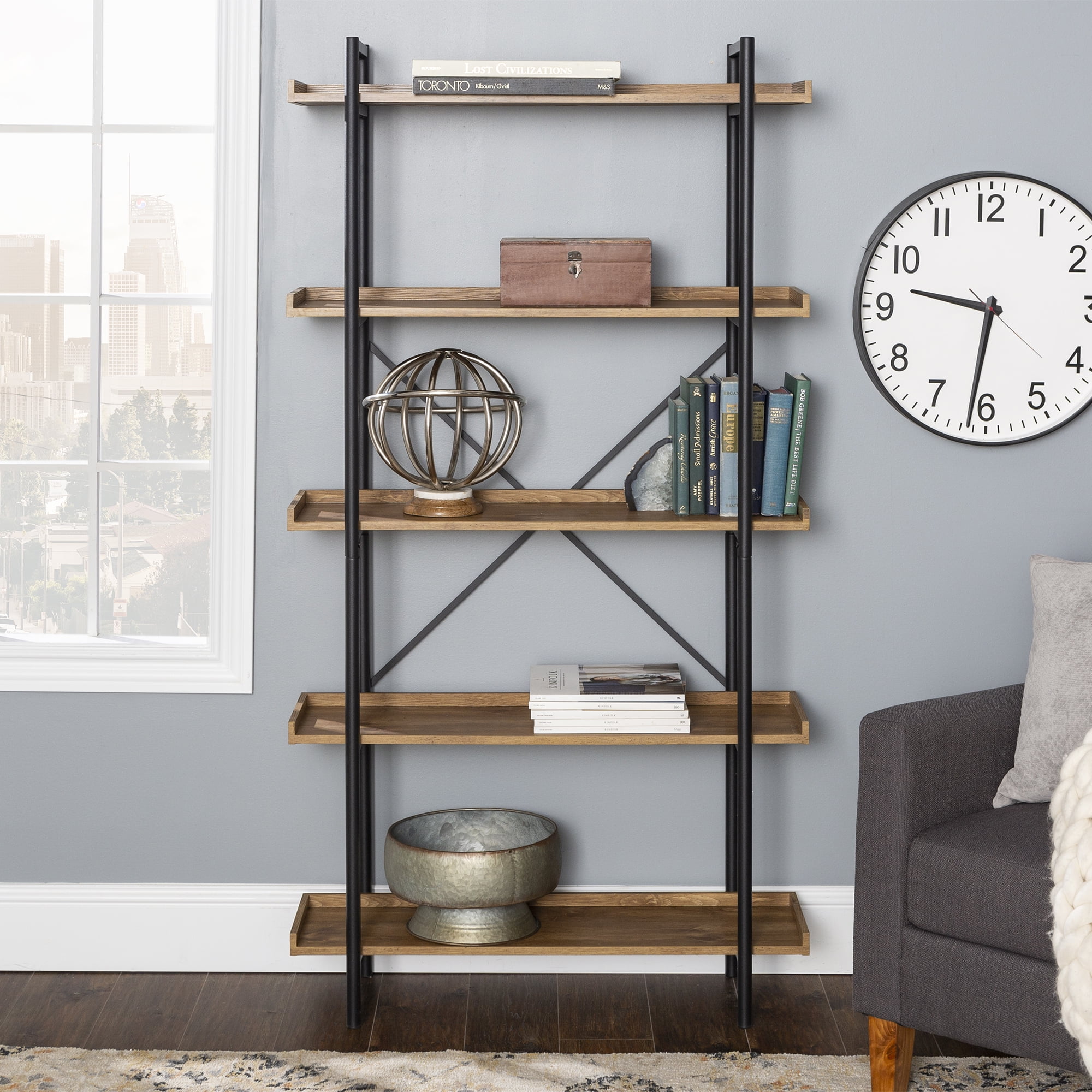 Woven Paths Urban Pipe Rustic Industrial Bookshelf, Barnwood
