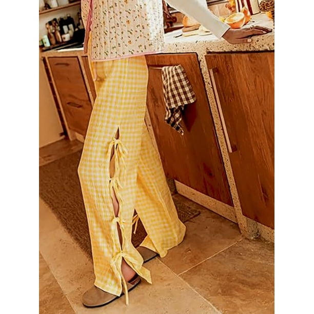 Womens Gingham Plaid Wide Leg Pants Y2k Lounge Pants Lace Up Loose