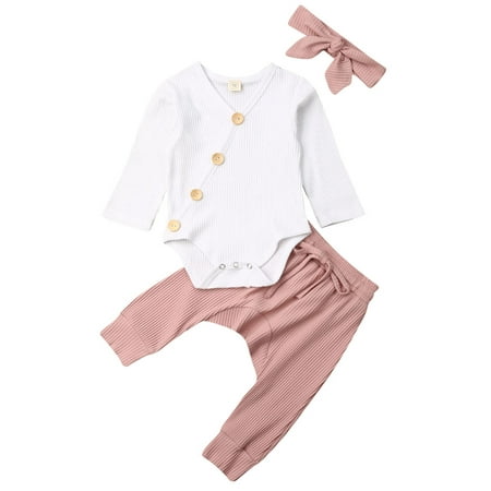 

Baby Girl Boy Outfit Set Long Sleeve Romper Long Ribbed Pant Bow Hair Band