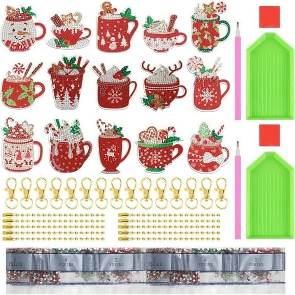 15-Piece Complete Diamond Art Keychain Kit - Pre-Assembled Christmas Ornaments with Secure Hanging Strings