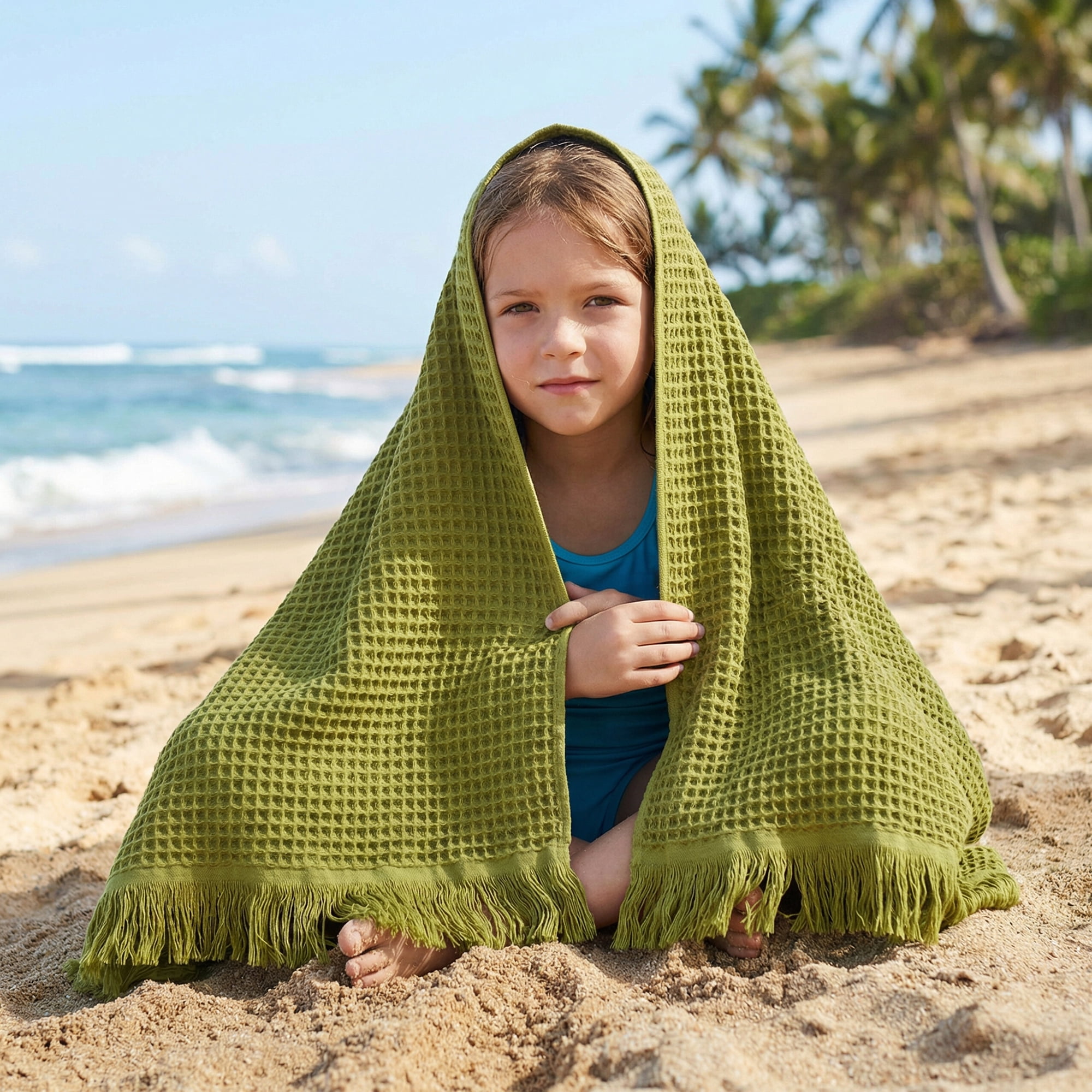 Unique Bargains Soft Absorbent Cotton Waffle Bath Towel Green/Pink 71"x35"