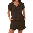 thumbnail image 1 of Women Two Piece Outfits Tracksuit Half Zip Lapel Cap Sleeve Sweatshirt High Waist Drawstring Shorts Set Sweatsuit, 1 of 6