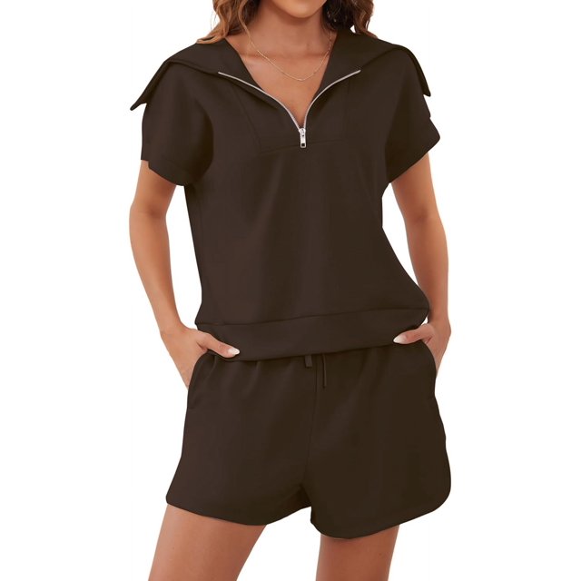 Women Two Piece Outfits Tracksuit Half Zip Lapel Cap Sleeve Sweatshirt High Waist Drawstring Shorts Set Sweatsuit