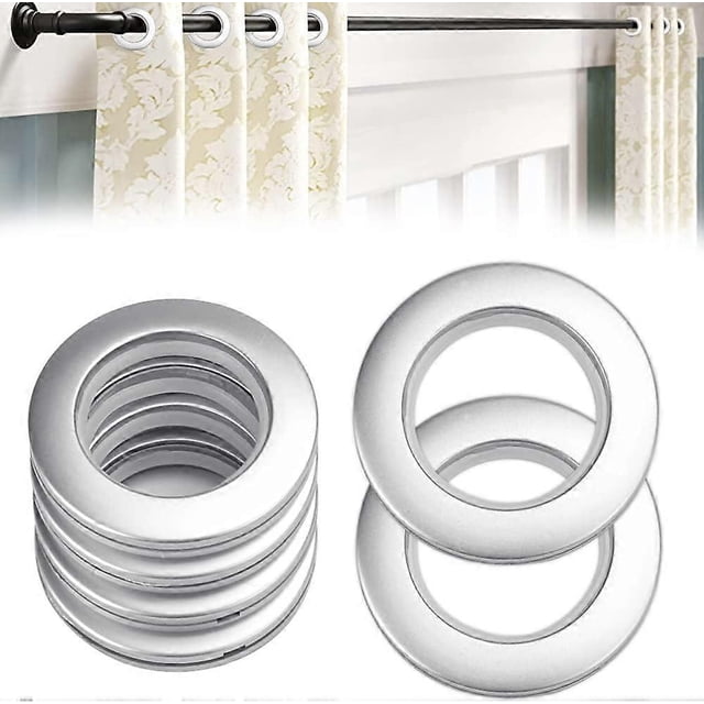 50 piezas de anillos de plástico para cortinas, ojales plateados de 40 mm: conjunto apilado y vista frontal de anillos redondos mate con interior liso y cierre roscado; montados en barra de cortina con cortina estampada, diseñados para deslizarse con bajo ruido y proteger la barra; también adecuados para colgar telas ligeras o mosquiteros.