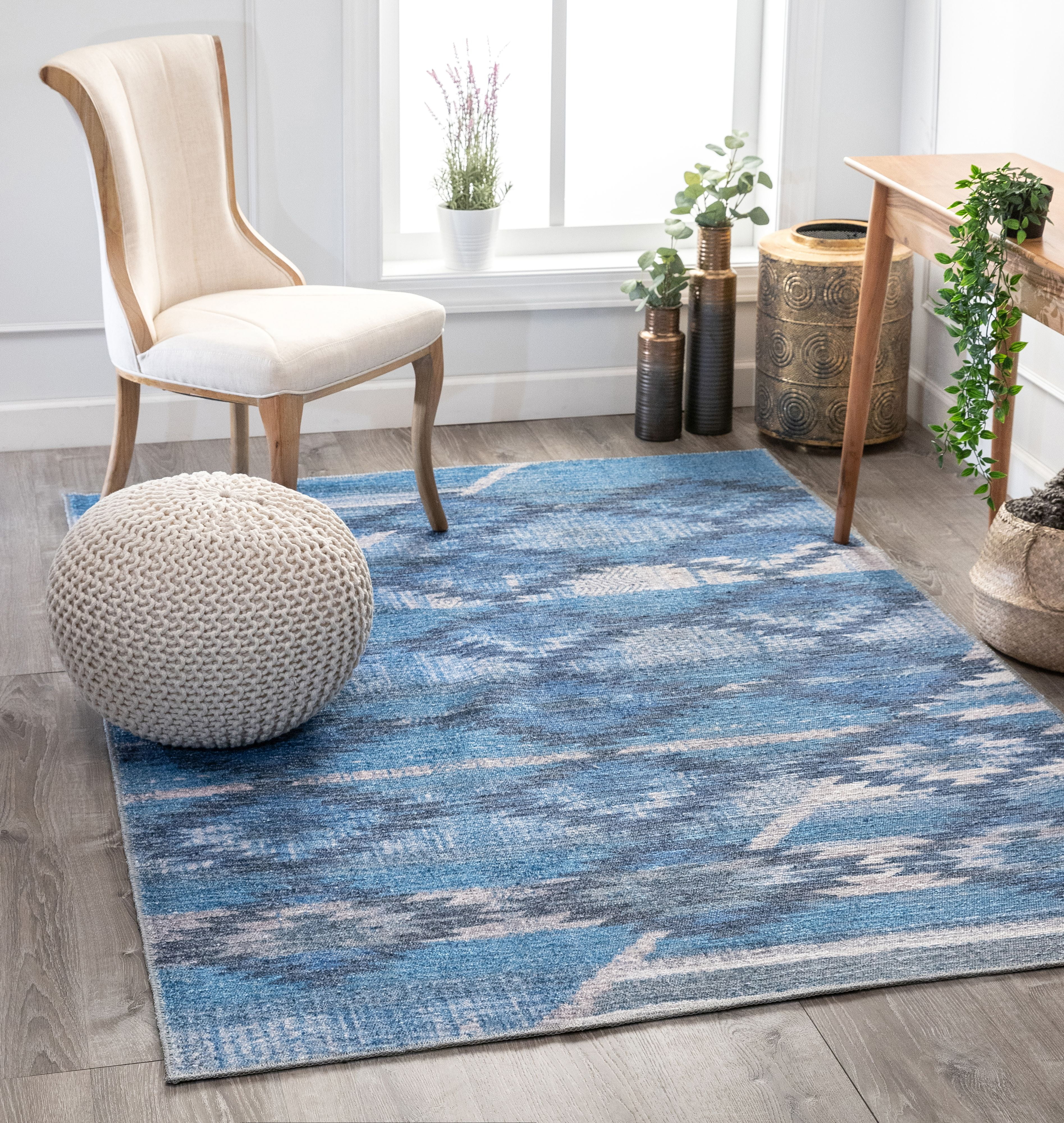 Well Woven Florez Machine Washable Blue Southwestern Diamond Modern