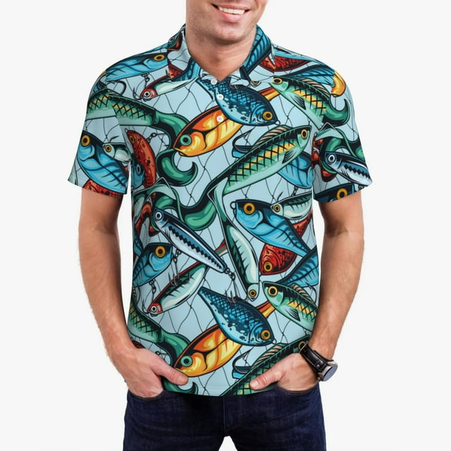 Bingfone Colorful Fishing Baits for Men's Button-down POLO Shirts, Quick-drying Shirts and T-shirts for Summer, Suitable for Vacation and Business-3X-Large