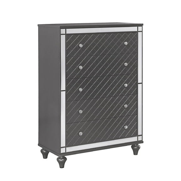 Miekor Furniture 1Pc Glam Contemporary Style 5-Drawer Chest Storage Drawers w Mirror Plating Tapered Legs Gray Finish Bedroom Solid Wood Wooden Furniture 14848