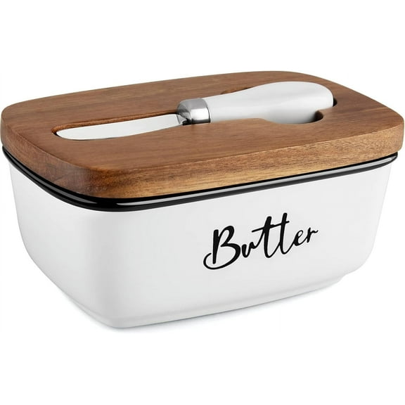 TEXIJUSO Butter Dish with Lid and Knife for Countertop, Airtight Butter Keeper for Counter or Fridge, Ceramic Butter Container with Thick Acacia Wood Lid, for Farmhouse Kitchen Decor and Accessories