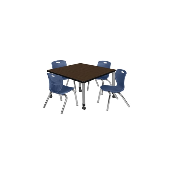 Regency Kee 36 in. Square Mobile Adjustable Classroom Table- Neo Walnut Top, Grey Base & 4 Andy 12 in. Blue Stack Chairs