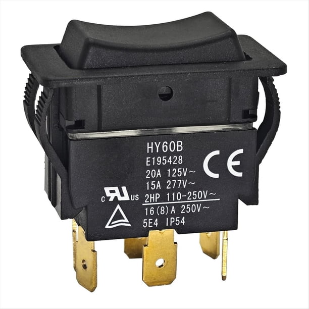 Interruptor Basculante HY60B - Encendido/Apagado/Encendido, 125/250 V, 20/15 A, 6 Pines, Pulsador de para Herramientas Industriales y Eléctricas.