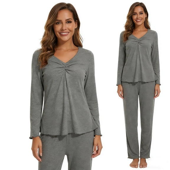 MecTo Women Pajamas Sets, Lady Solid V-neck Long-Sleeved PJ, 2 piece, Size M
