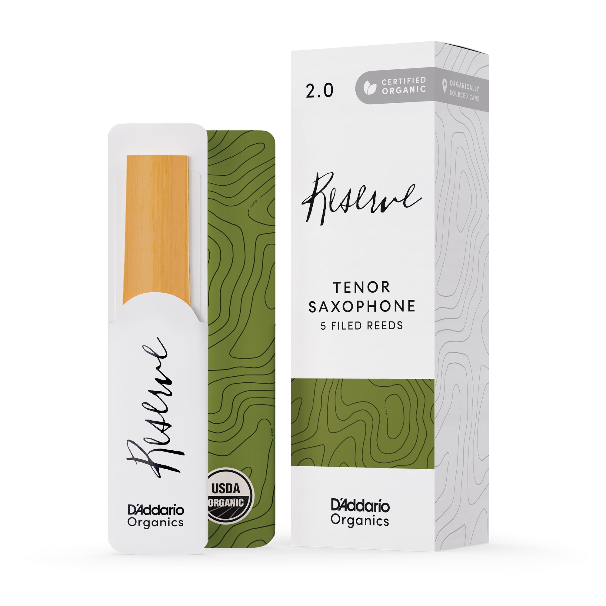 D'Addario Organic Reserve Tenor Saxophone Reeds, Strength 2.0, 5-Pack