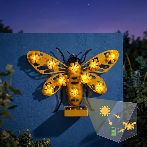 Solar Powered Metal Outdoor Wall Decor LED Lighted Bee Fence Art Garden Hanging Ornament for Patio Yard Decorative Wall Sculpture Gift for Women Mom Grandma Birthday