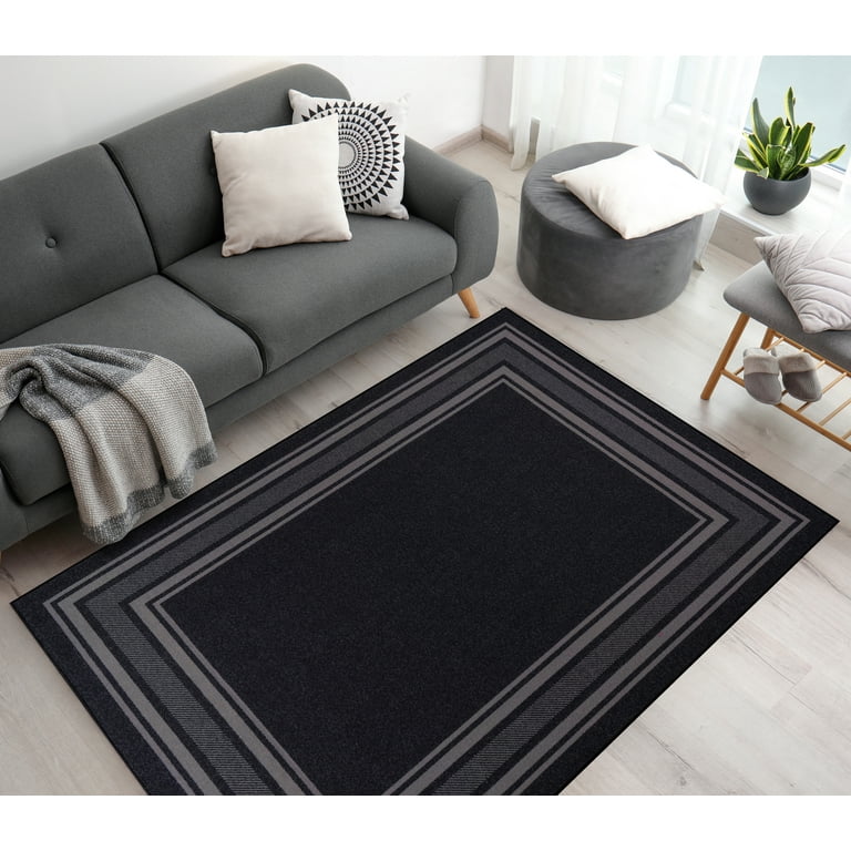 Beverly Rug Indoor Bordered Area Rugs, Non Slip Rubber Backing Modern  Living Room Area Rug, Black, 5'x7' 
