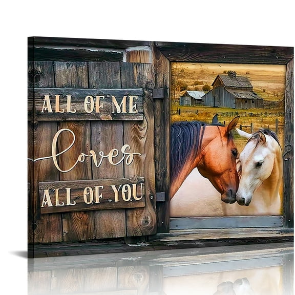 Rustic Farmhouse Horse Canvas Wall Art with Inspirational Quote – "All of Me Loves All of You" – Wrapped Canvas Frame, Wooden Accents, Perfect for Living Room, Bedroom, or Kitchen Decor | Ideal