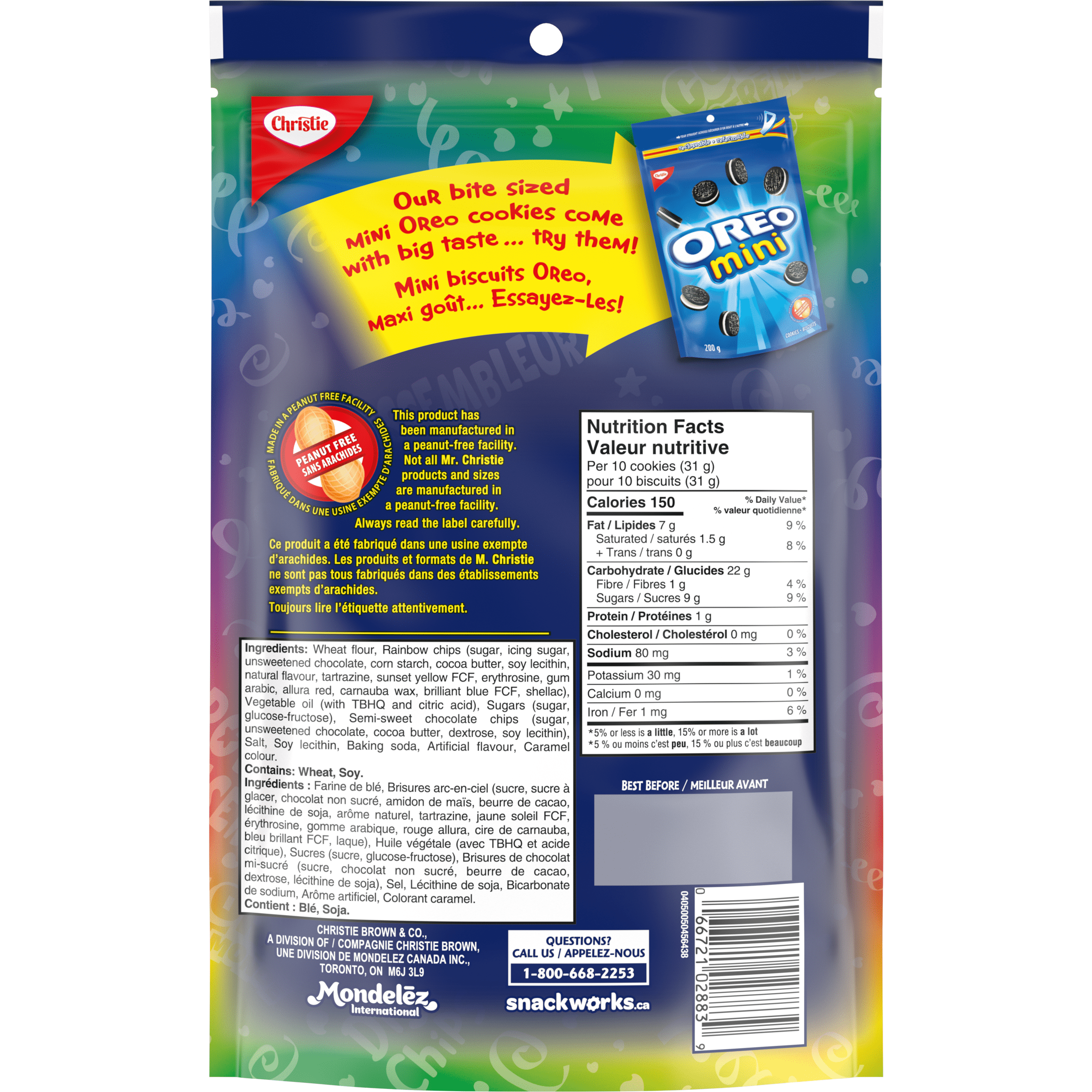 Chips Ahoy! mini biscuits arc-en-ciel aux pépites de chocolat, fabriqués dans une usine exempte d’arachides, collations pour l’école 200 g