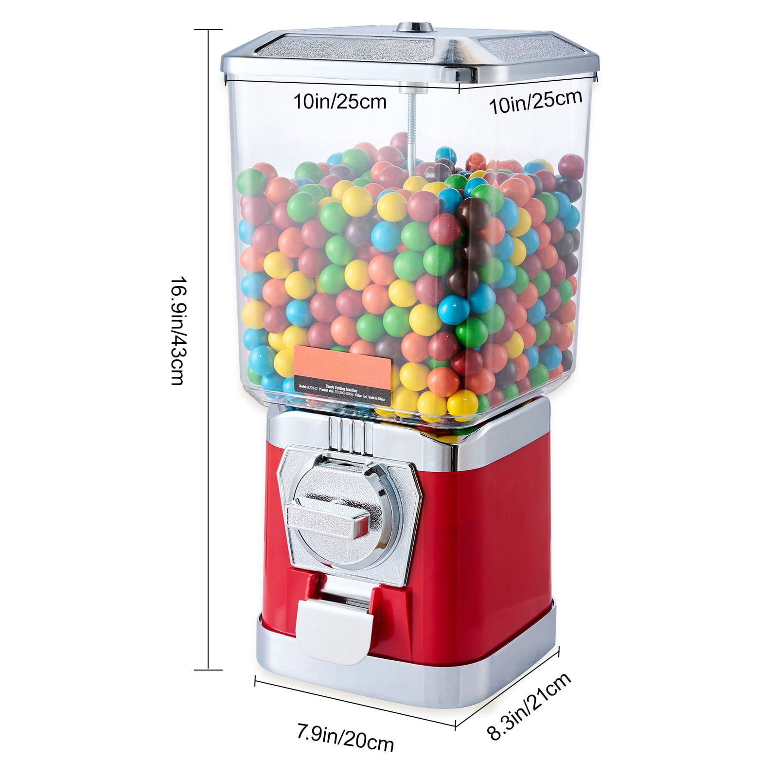 6.8L Candy Vending Machine with 25-Cent Coin Operation, Adjustable Candy Wheel, PC Jar, Metallic ABS Body for Gumballs Bouncy Balls