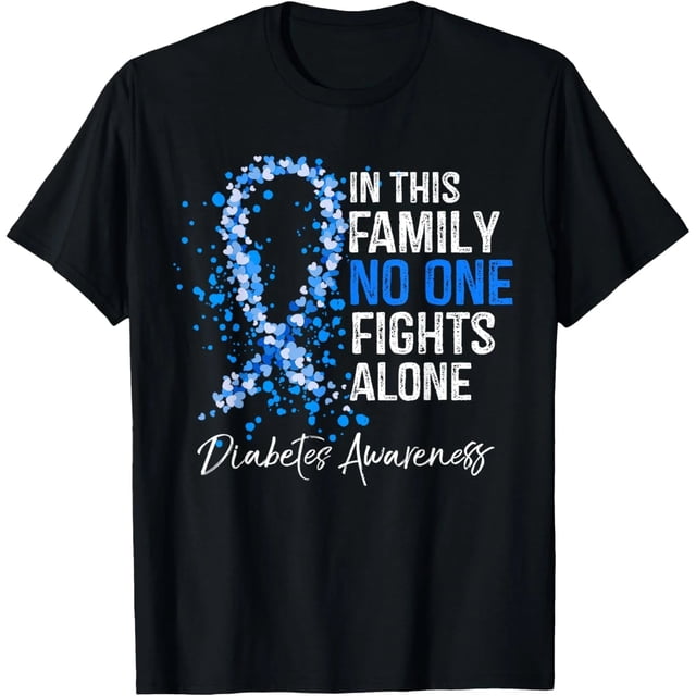 Camiseta de Mujer "En Esta Familia Nadie Lucha Solo" - Concientización de Diabetes, Cuello Redondo, Manga Corta, Estampado, Negra