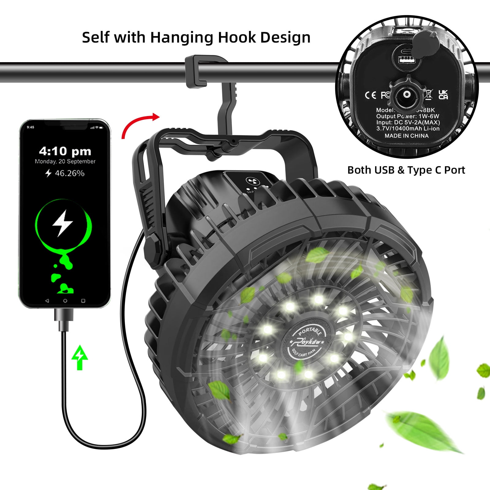 Roykaw Golf Cart Portable Rechargeable Fan w/LED Lantern, Camping Fan 10400mAh Battery Operated Fan