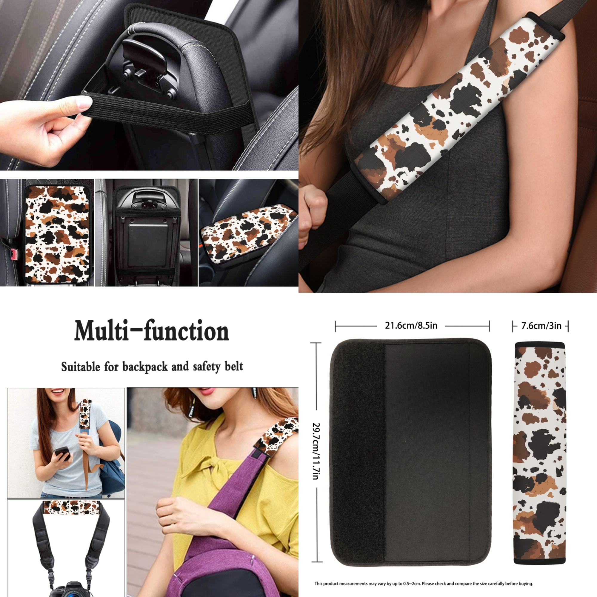 Jeiento Brown Cow Print 13 PCS Car Seat Covers Full Set, with Steering Wheel Seat Belt Covers Center Console Pad Coasters Keychain Lip Balm Holder Auto Accessories Interior Decor Fit for SUV Van