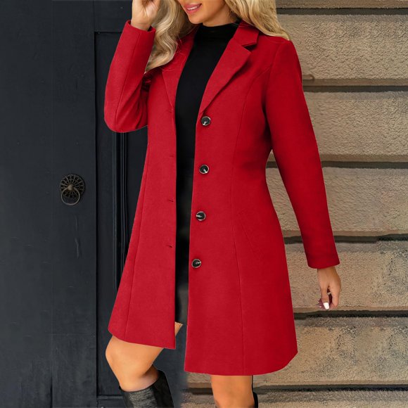 Women's Wool Blend Trench Coat, Thickened Lapel Collar Jacket, Single Breasted A-Line Overcoat, Warm Fall Winter Outerwear, Fashionable Mid-Length Coat Red XXL