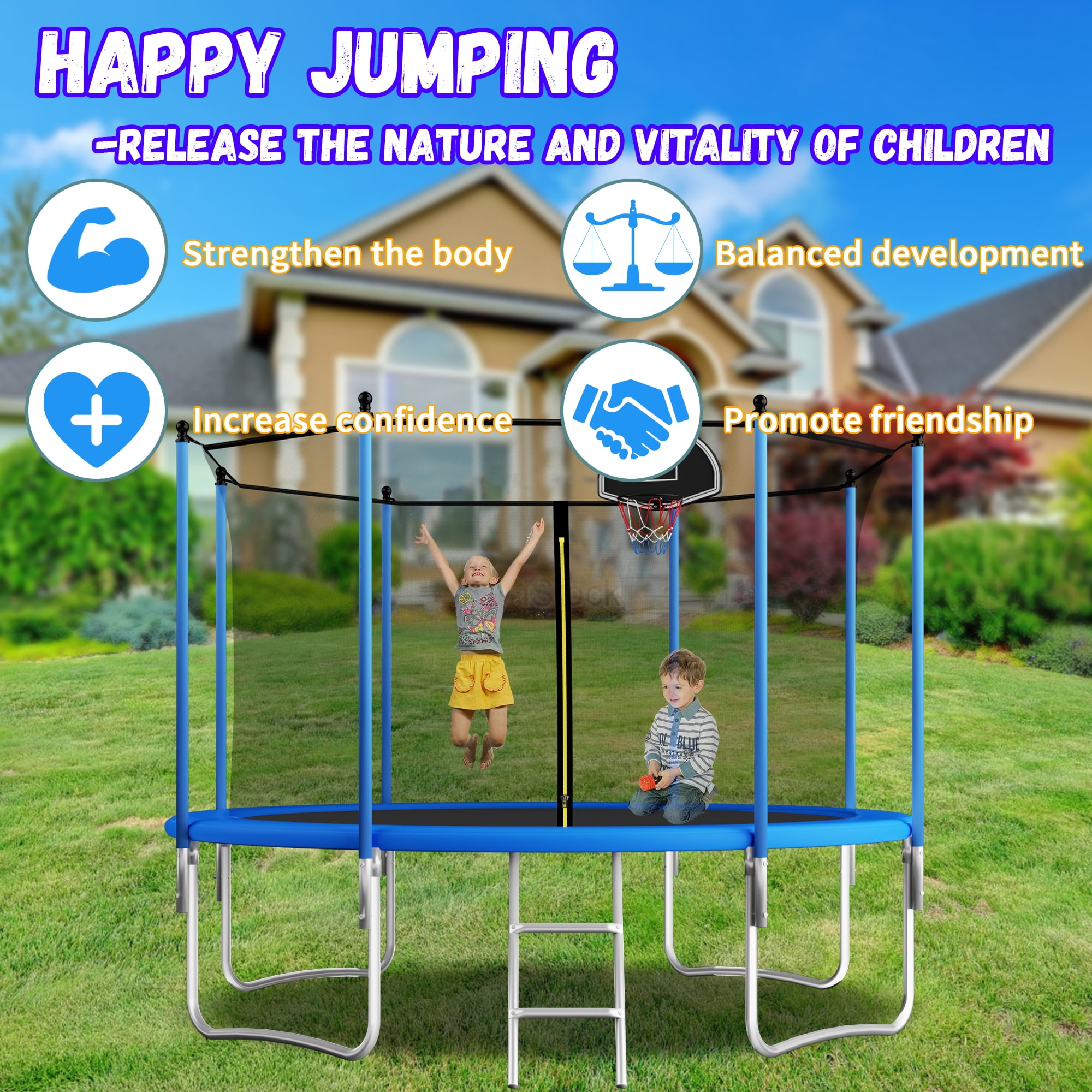 Shengchao Trade 650LBS 10FT Trampoline for Adults and Kids,Trampoline with Enclosure,Recreational Trampoline with Ladder, Heavy Duty Trampoline Capacity for 2-4 Kids