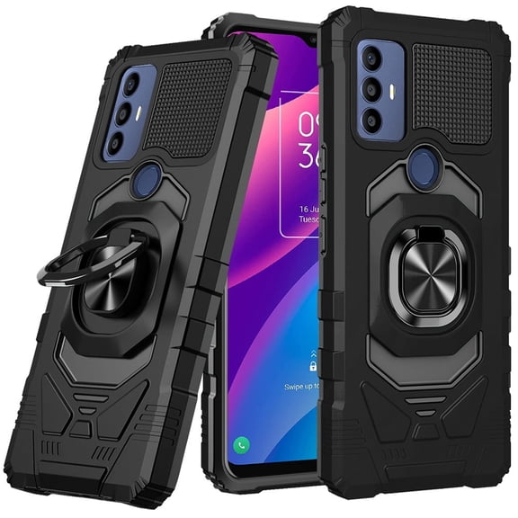 For TCL 30 SE 6165H Robotic Ring Hybrid Kickstand Phone Case Cover - Black