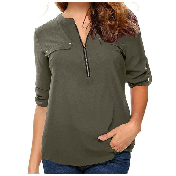 LEAVINGSUO Fall Winter V Neck Long Tops for Women, Womens Tops Women's Summer Long Sleeve Zip Casual Tunic V-Neck Rollable Blouse Tops