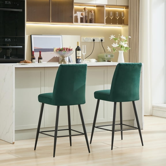 Nmkwnr 2 Pack Velvet Barstools with Metal Frame, Bar Chairs for Bar, Kitchen, Restaurant, Green