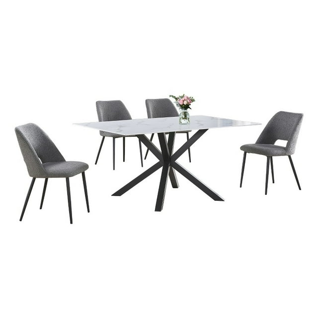 5pc Marbre Blanc Enveloppé Table à Manger avec Verre Trempé et Chaises Grises