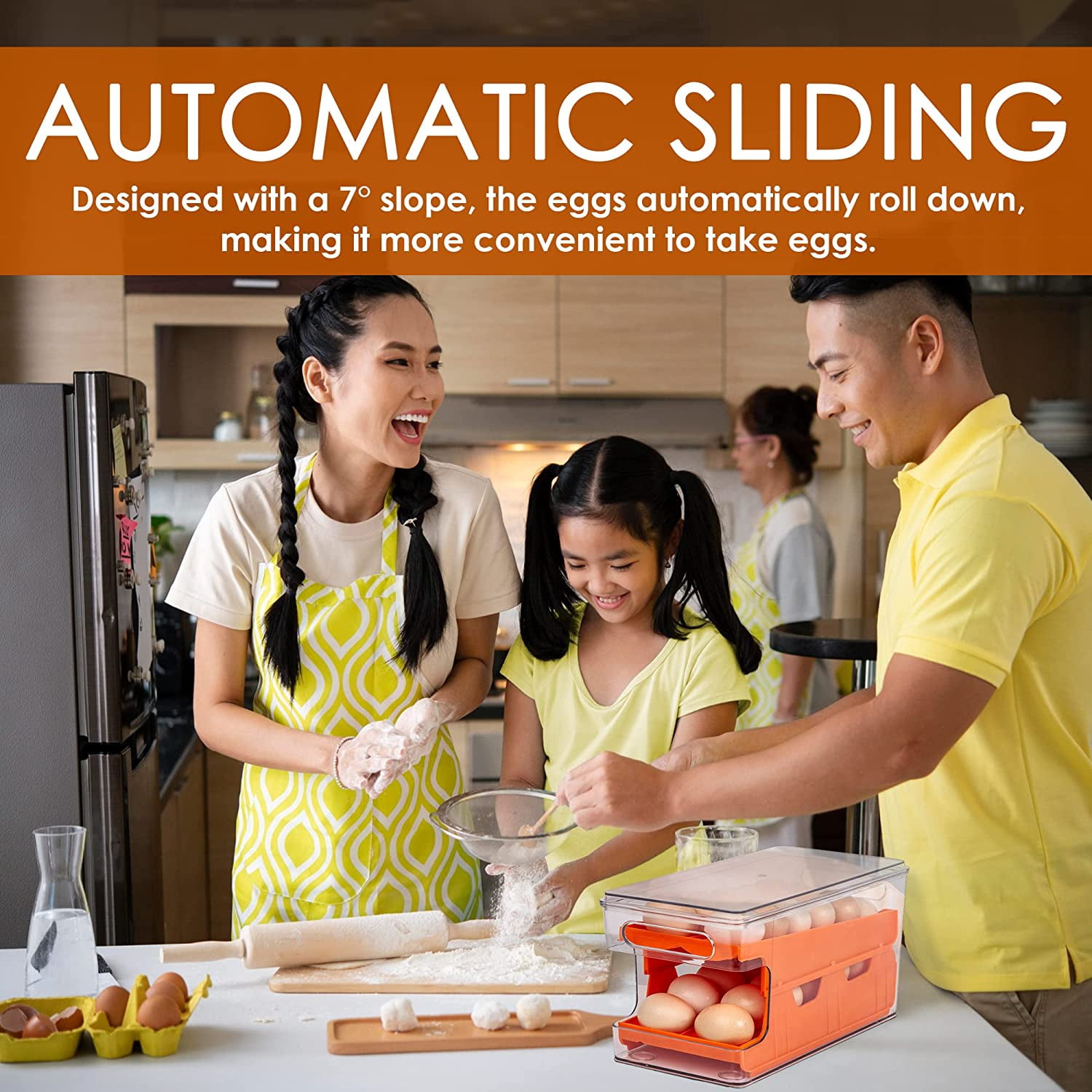 Container For Eggs, Stackable Fridge Egg Organizer With Lid, Storage Container Tray, Holder for Refrigerator, Large Capacity Double track Automatic Rolling (ORANGE)